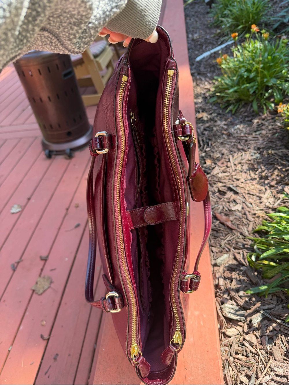 Coach Saffiano Patent Leather Triple Compartment Carryall Tote- Burgundy Merlot - Picture 6 of 16